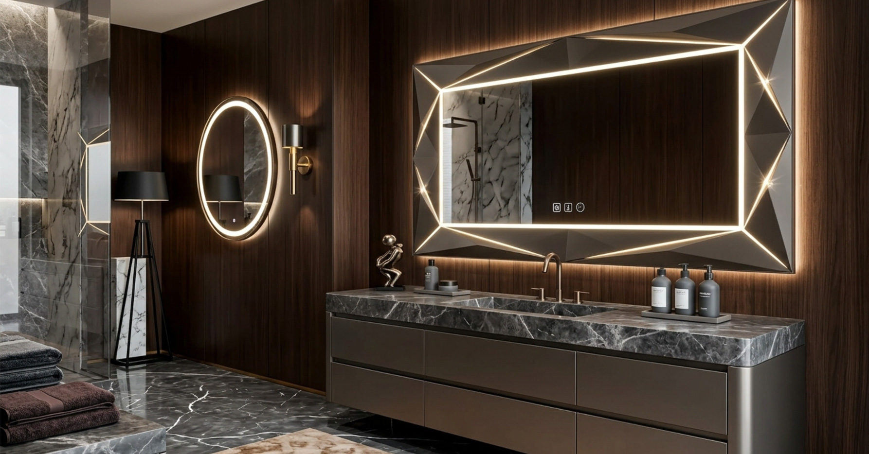 酒店风大尺寸浴室镜 带LED灯带和防雾功能 安装在双洗手台上方