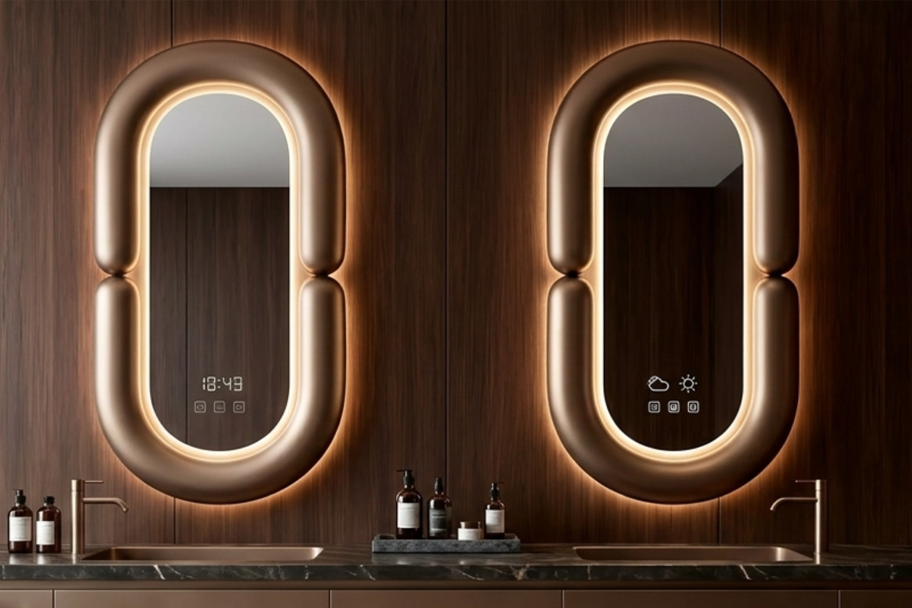 两面椭圆形发光镜 带暖光灯带 安装在双台盆上方