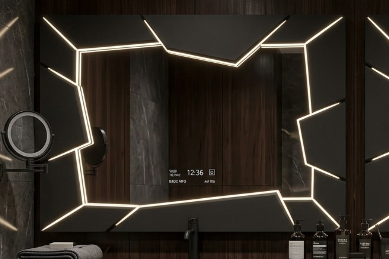几何线条造型不规则镜子 带灯带设计 用于现代浴室