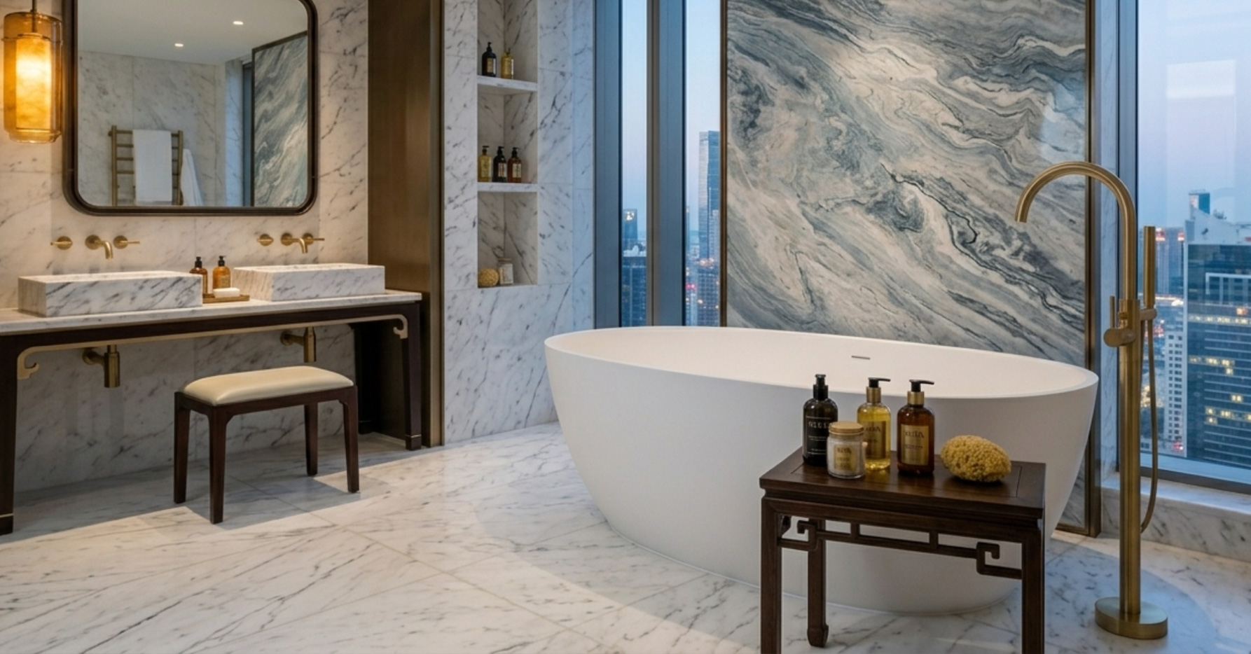 白色人造石独立浴缸 放置在现代浴室空间