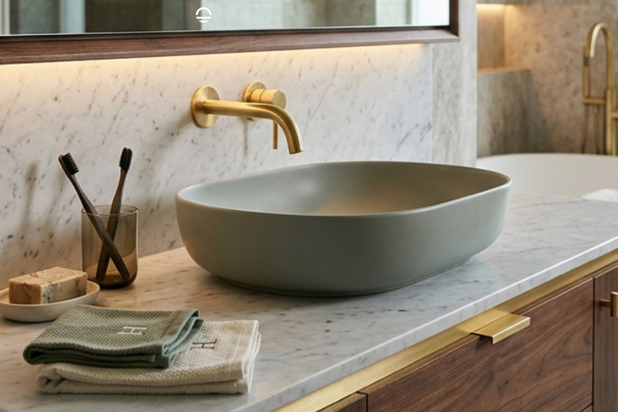 人造石台上盆烟熏绿色定制成品图