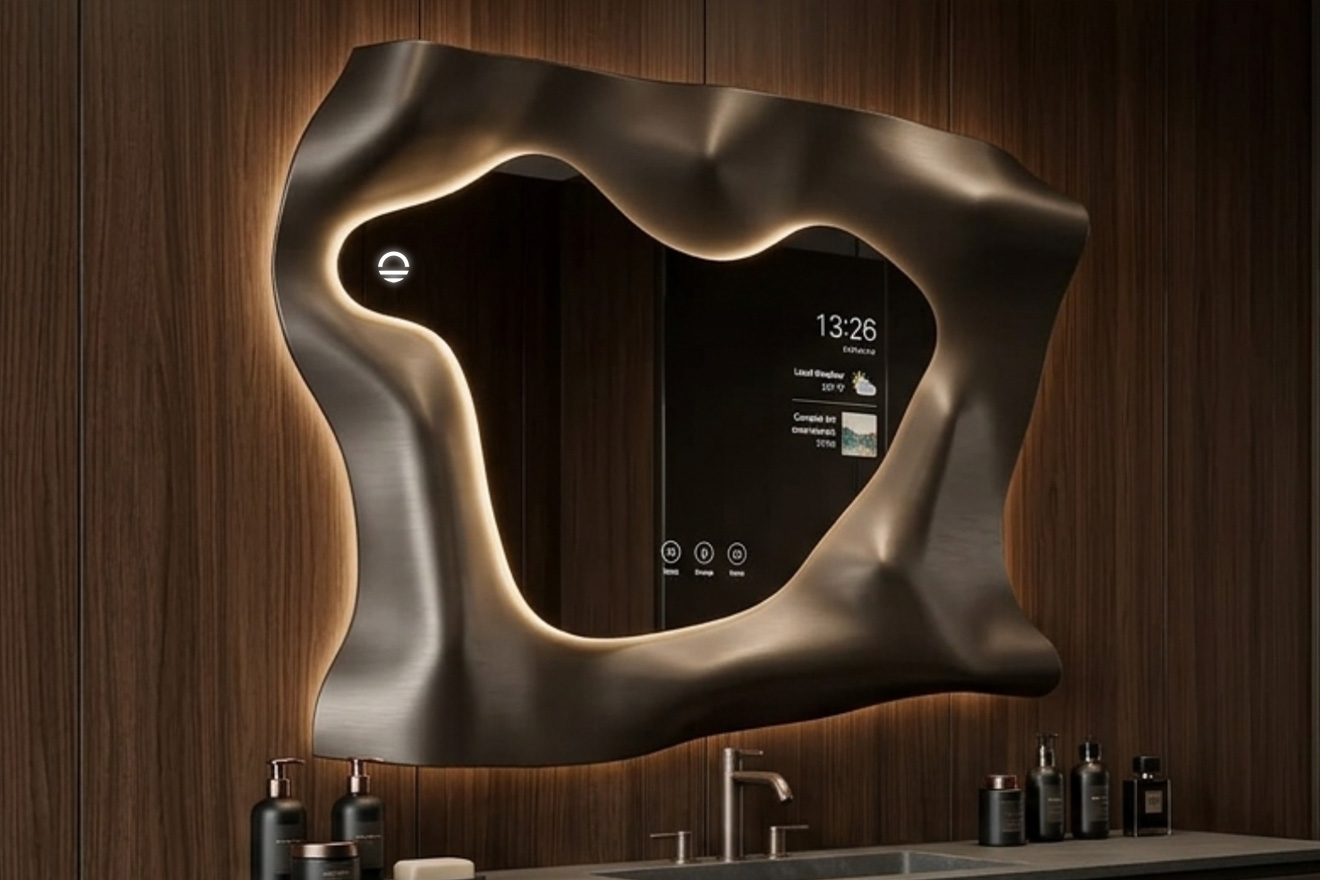 流体造型不规则镜子 内嵌LED灯带 用于现代浴室空间