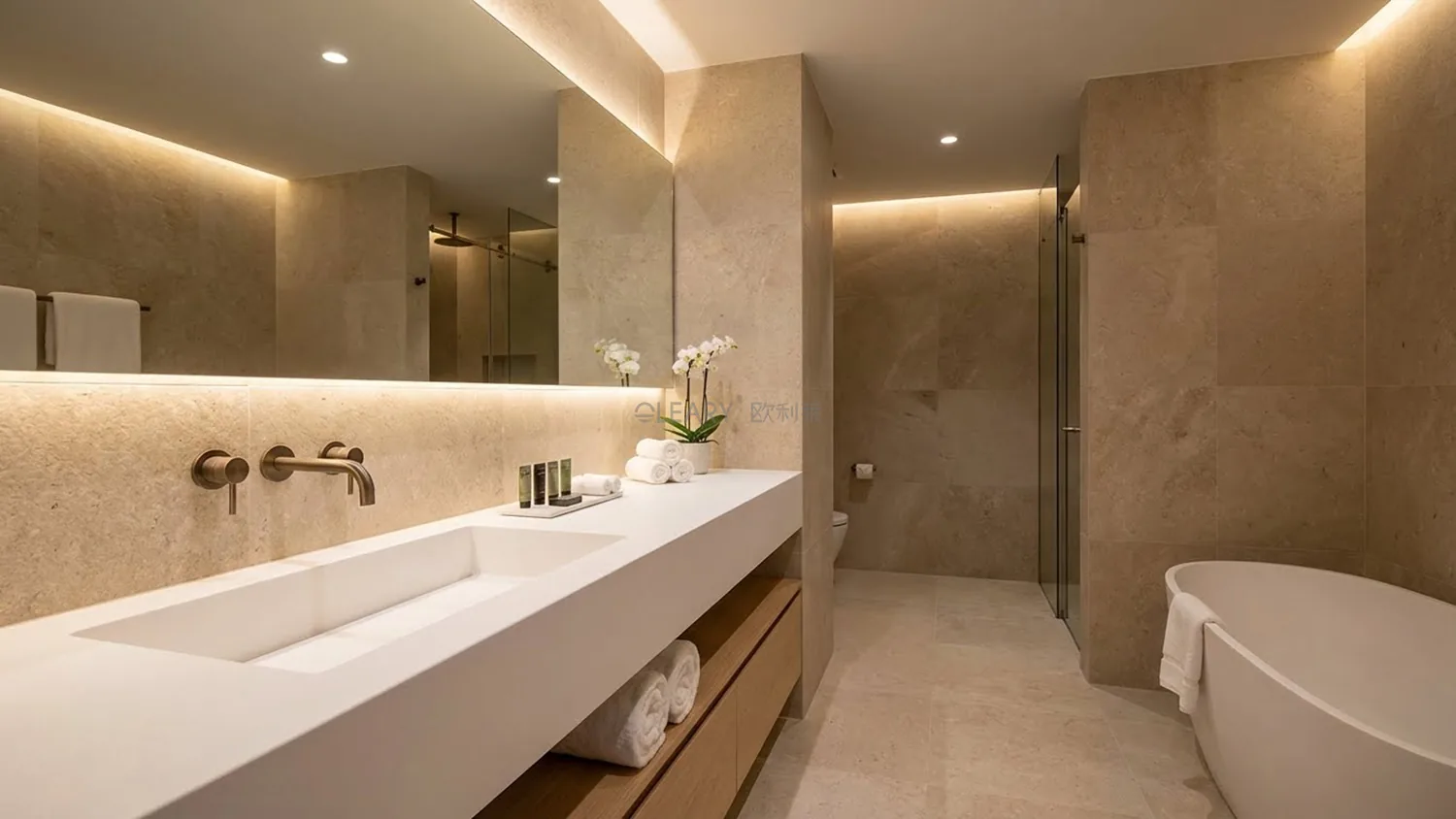 OLEARY酒店卫浴整体解决方案人造石浴缸与台面配套效果
