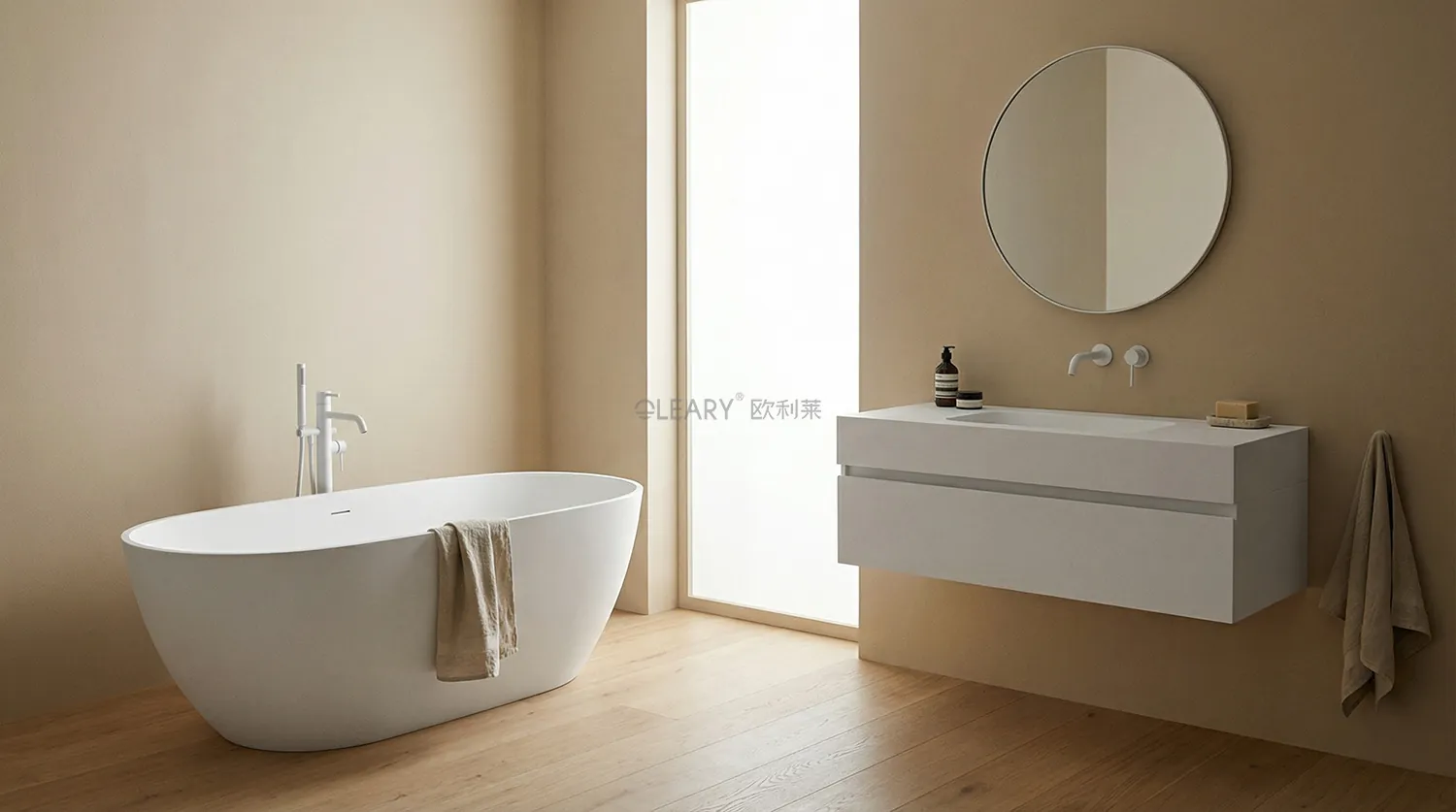 人造石一体化无缝洗手台台面展示，表面光滑温润适合酒店卫浴工程