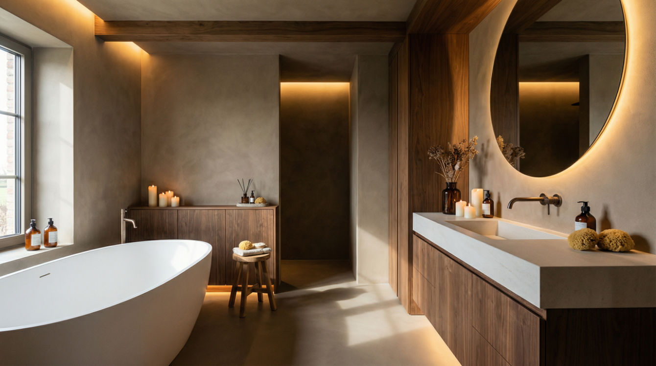 现代风格酒店浴室设计：人造石浴缸与木质元素的完美结合